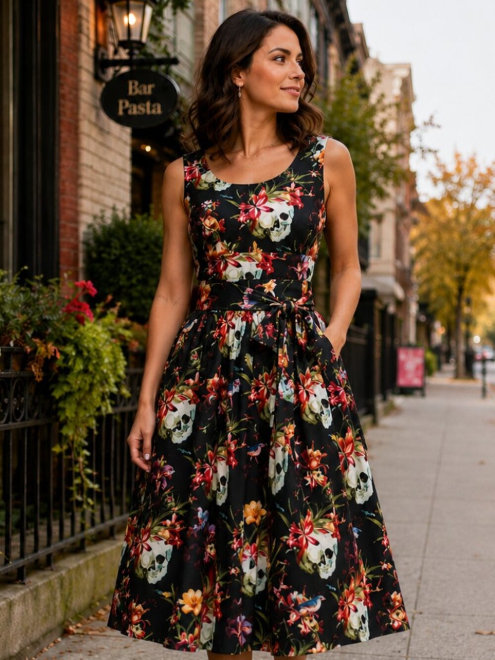 Floral Skull Fit & Flare Dress Black Halloween Gothic Tie Waist Pockets Small